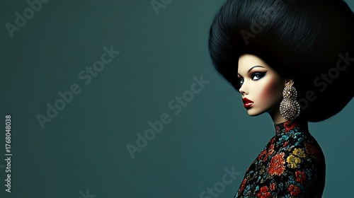 Elegant woman with afro hairstyle, wearing floral top and statement earrings