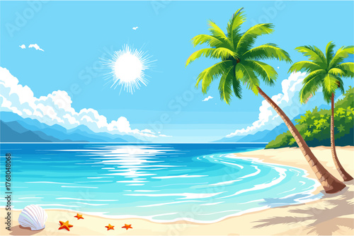 Vibrant tropical beach scene with palm trees, turquoise ocean, sandy shore, and bright sun