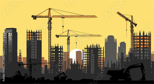 Vibrant cityscape construction scene with cranes and skyscrapers at sunset brings urban development to life