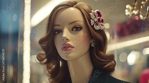 Elegant mannequin with brown hair, flower accessory and earring in display