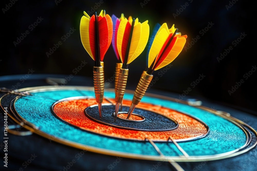 Fototapeta premium Three colorful darts striking the bullseye on a vibrant blue and orange dartboard with a dark background, symbolizing precision and success