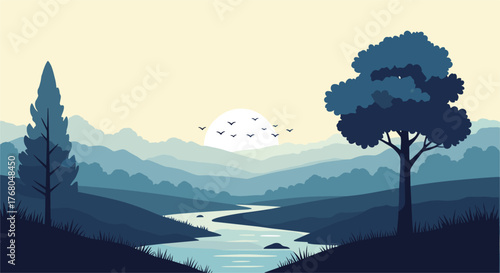 Serene minimalist landscape with winding river, layered hills, and a rising sun casting gentle light