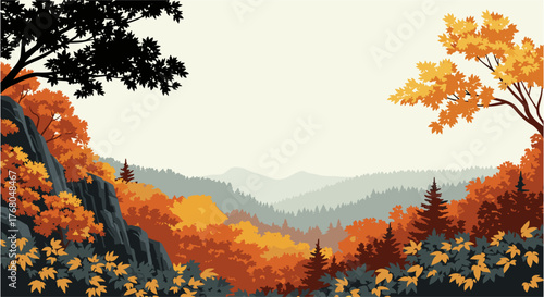 Vibrant autumn forest landscape with layered mountains and dramatic rock formations