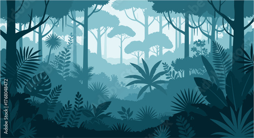 Mysterious jungle landscape with lush foliage and towering trees in a calming blue hue