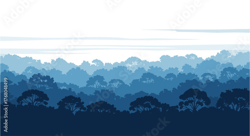 Serene blue forest landscape with layered trees and subtle sky clouds, evoking peace and nature's beauty.