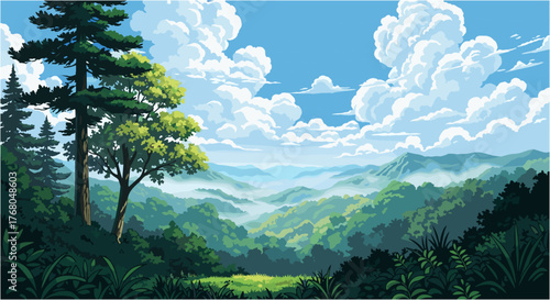 Serene mountain landscape unfolds under a vast sky filled with dramatic, fluffy clouds.