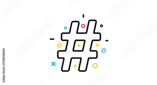 Modern black outline hashtag symbol with colorful dots, crosses, and dashes, representing social media, online communication, and digital trends.