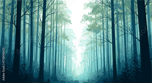 Mysterious twilight forest path bathed in ethereal blue light, beckoning exploration and wonder