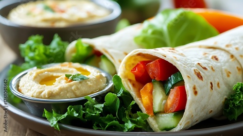 Delicious vegetable tortilla wrap with hummus on a plate, close up shot