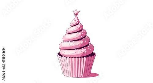 Adorable pink cupcake featuring a whimsical Christmas tree frosting design, sparkling with sprinkles and crowned with a star.