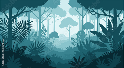 Enchanting jungle vista with lush green foliage and towering trees creating a serene natural backdrop