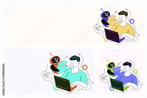 a person working on a laptop with a friendly AI robot assistant beside them, representing artificial intelligence support, teamwork, and digital collaboration