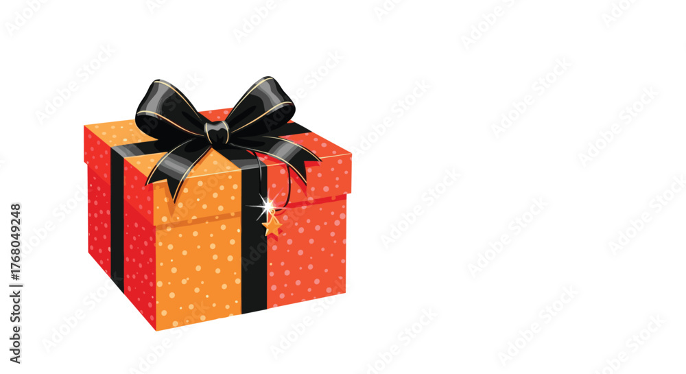 Obraz premium A festive illustration of a red and orange polka-dotted gift box, tied with a black bow and ribbon, and a sparkling star charm, isolated on white.