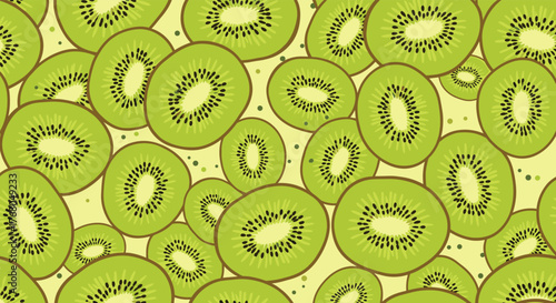 Overlapping vibrant green kiwi fruit slices with black seeds create a fresh and juicy seamless background pattern.