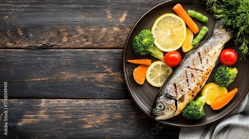 Grilled trout with lemon and vegetables served on a dark wooden table