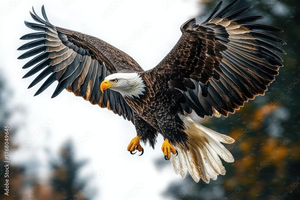 Fototapeta premium majestic bald eagle in mid-flight with wings fully spread showcasing detailed feathers and intense focused gaze against a blurred natural background