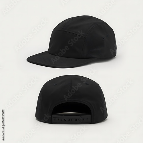 Black plain snapback 5 panel isolated on white background. ready for your mock up design or presentation your project.