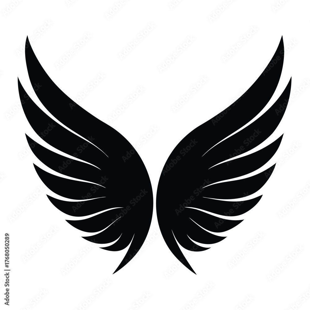 Obraz premium Elegant black silhouette of bird or angel wings, a powerful graphic symbol representing freedom, hope, and spirituality
