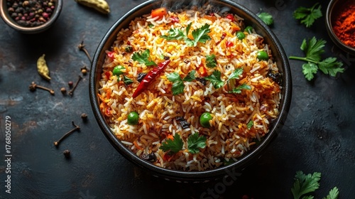 Fototapeta Naklejka Na Ścianę i Meble -  bowl of vibrant spiced rice with green peas, red chili, and fresh cilantro on dark textured surface surrounded by whole spices and herb leaves