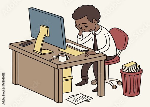 Distressed businessman overwhelmed with office work . Tired worker in the workplace . Work burnout silhouette. Overworked employee . Too much work .