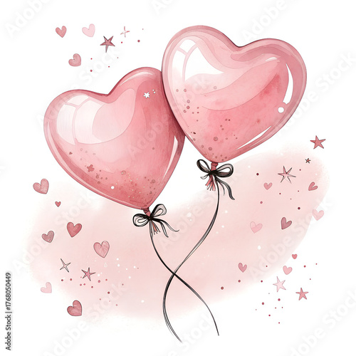 Two pink heart balloons tied with ribbon isolated on white background, symbolizing love and celebration