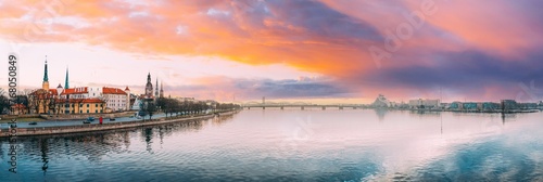 Riga, Latvia, Europe. Cityscape In Winter Morning. Skyline With Castle, Dome Cathedral And St. Peter's Church. Popular Place With Famous Landmarks. UNESCO World Heritage Site