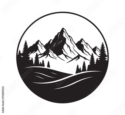 Circular Mountain and Forest Silhouette Logo
