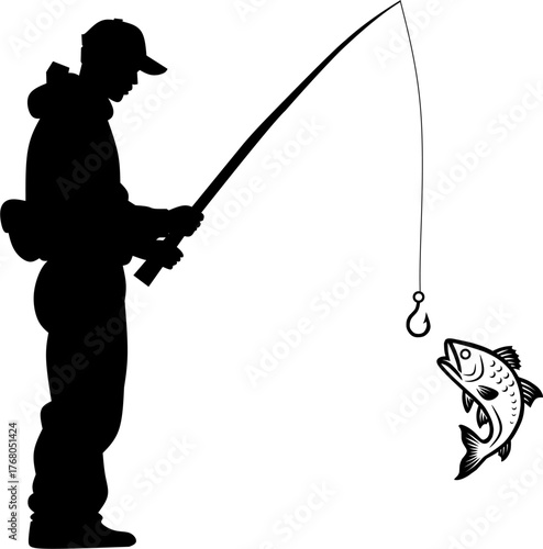 Vector illustration of a silhouette of a person fishing, isolated on white
