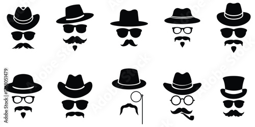 Glasses, hat and mustache, Gentleman icon set. Old fashioned gentleman accessories icon set. Secret agent icon in a hat and glasses mustache. Vector illustration.