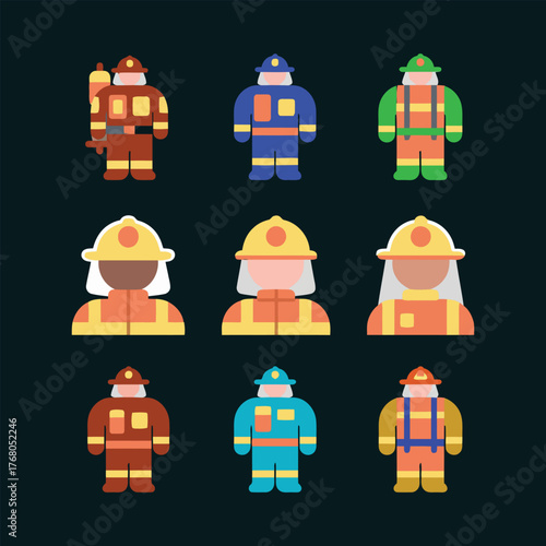 Stylized Firefighter Icons in Various Uniform Colors on a Dark Background Display