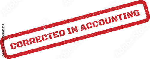 Distressed rectangular rubber stamp marking a document as corrected in accounting for official business records