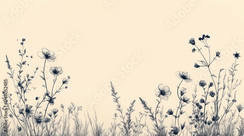 Delicate hand-drawn wildflowers and grasses in monochrome style on a light beige background conveying calm and natural beauty
