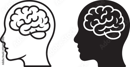 Human head silhouette with brain icon profile views conceptual medical and psychology symbolism