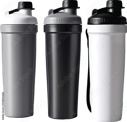 Three sports shaker bottles with lids standing together on a white surface