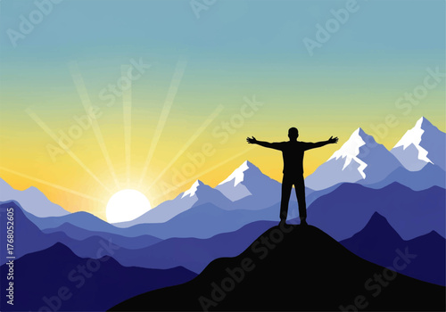 Silhouette of a person standing atop a mountain peak with arms outstretched, facing a bright, rising sun over a mountainous landscape.