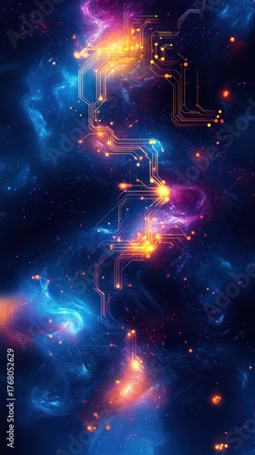 Glowing orange circuit patterns intertwined with swirling blue and pink cosmic clouds creating a futuristic and dynamic digital universe