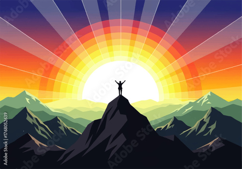 Silhouette of a person standing on a mountain peak with arms raised against a radiant sunrise or sunset.