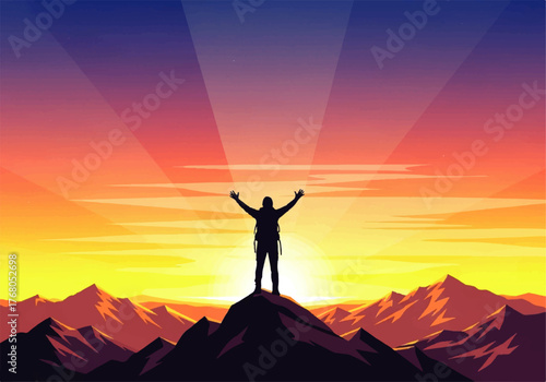 Silhouette of a hiker with arms raised in triumph, standing atop a mountain peak at sunrise, with vibrant colors in the sky.
