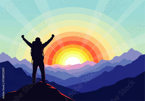 Silhouette of a hiker with a backpack standing on a mountain peak, arms raised in triumph as the sun rises over a layered mountain range.