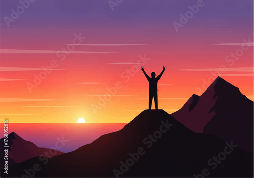Silhouette of a person standing on a mountain peak with arms raised against a vibrant sunset sky.