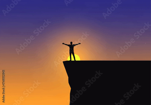 Silhouette of a person standing on a cliff with arms outstretched towards a rising sun against a gradient sky.