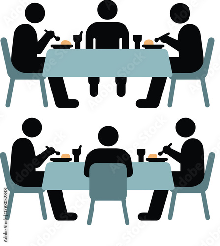 Dinner Silhouette: A communal dining scene unfolds, with stick figures gathered at a table, enjoying a meal together, emphasizing togetherness and shared moments.