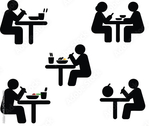Illustrations of People Enjoying Meals at Tables Representing Dining Habits and Social Interaction