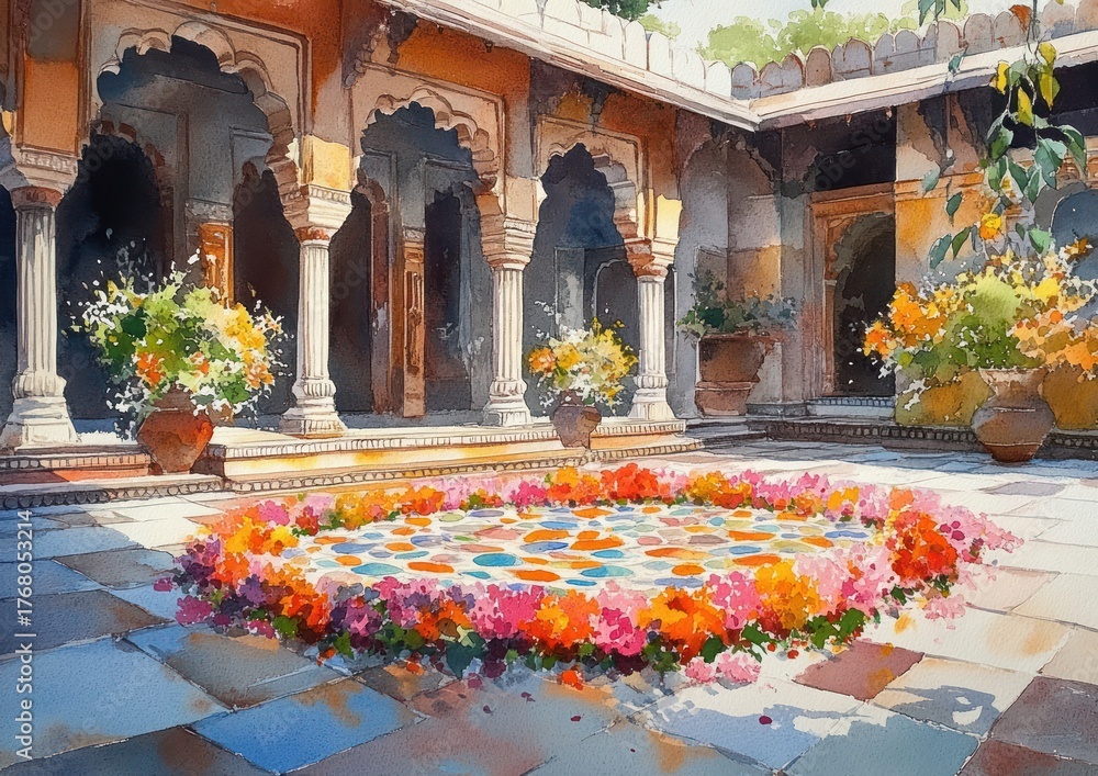 Fototapeta premium Sunlit courtyard with intricate arches surrounding a colorful circular flower bed and large flower pots, evoking a tranquil and warm atmosphere
