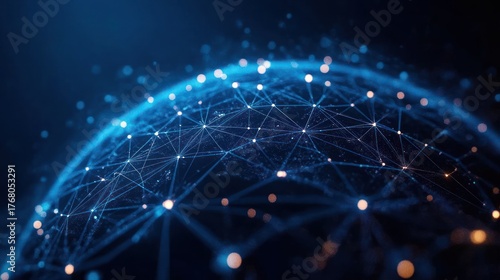 Abstract glowing network of interconnected points and lines forming a digital globe on dark blue background, symbolizing global communication and data connections