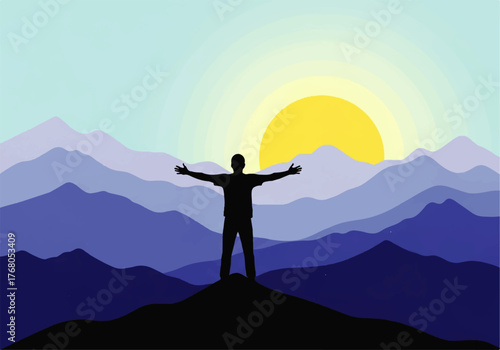 Silhouette of a person standing on a hilltop with arms outstretched towards a rising sun over a mountain range.