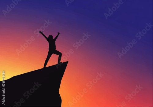 Silhouette of a person standing triumphantly on a cliff edge with arms raised against a vibrant sunset sky.