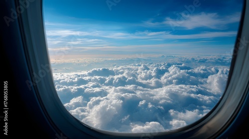 Bright white cumulus clouds stretch endlessly beneath a deep blue sky viewed through an aircraft window frame.