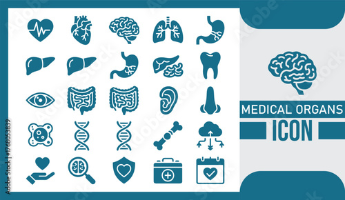  Human Medical Organs Icon Set Flat Vector Collection Depicting Anatomical Body Parts, Internal Organs, and Healthcare Symbols