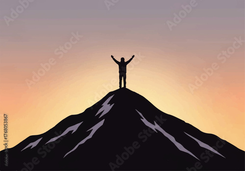 Silhouette of a person standing atop a mountain peak with arms raised against a gradient sunset sky, symbolizing achievement.